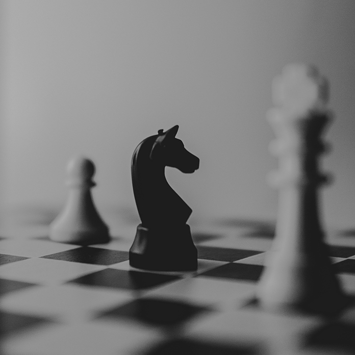 Шахматный кнь стоит на доске